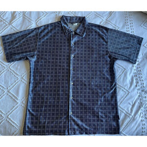 Vintage ODO Button Up Blue White Geometric Style Glossy‎ Shirt Size Large Mens